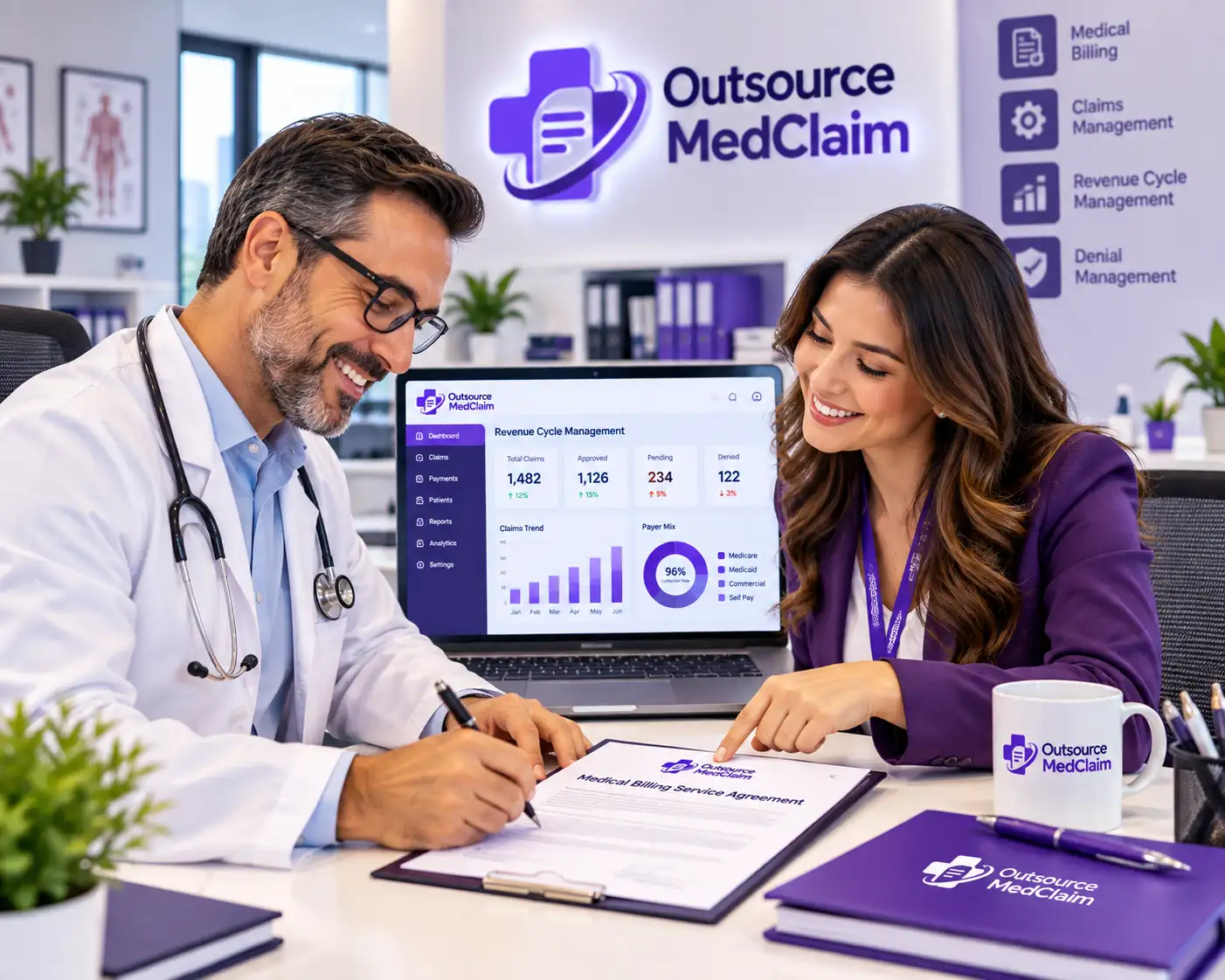 Physician signing an Outsource MedClaim medical billing service agreement