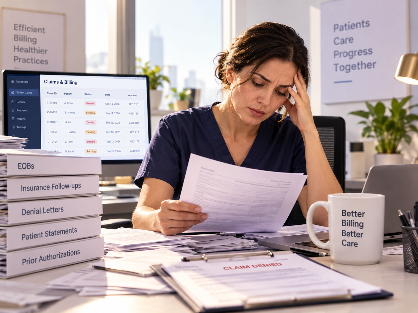 Practice manager reviewing denial letters and EOB paperwork